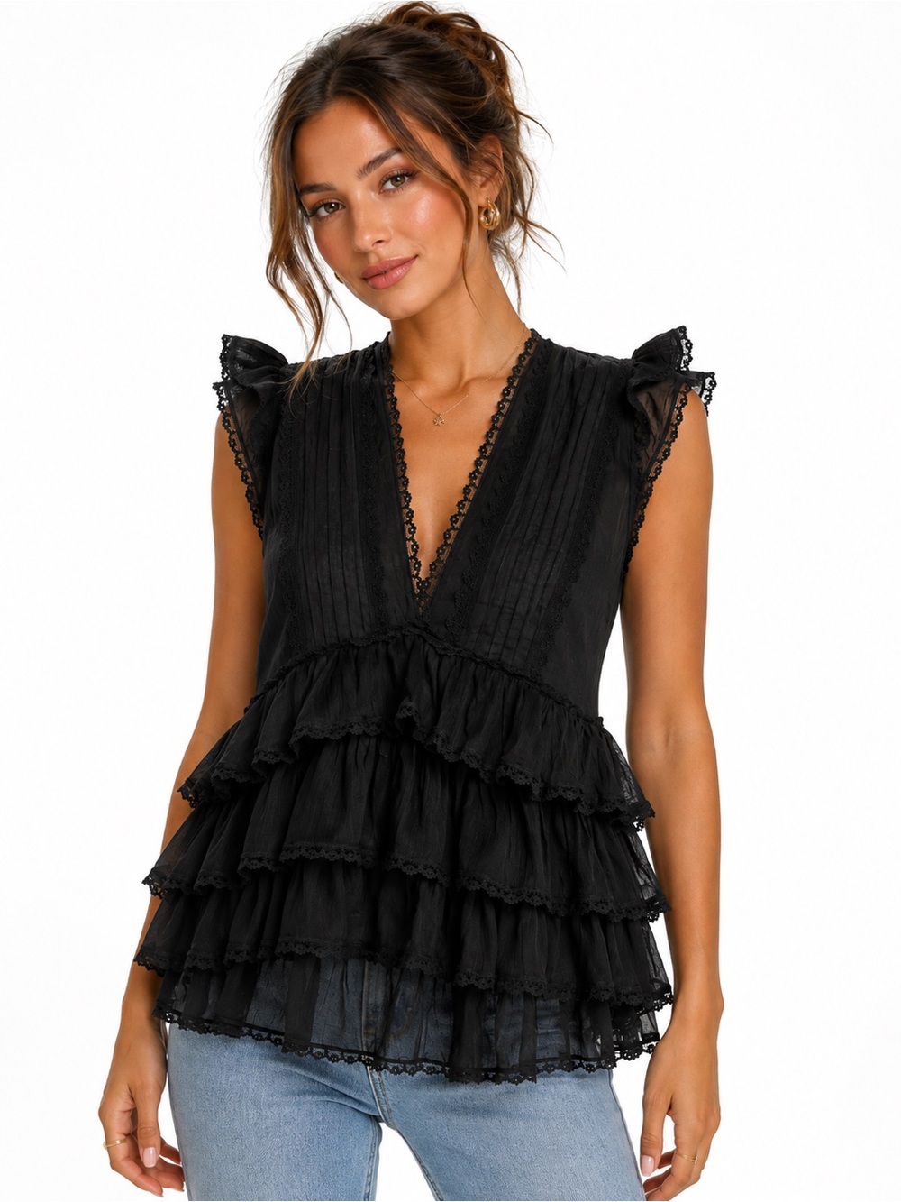 Alice+Olivia Black Blanche V Neck Ruffle Swing Top Size M